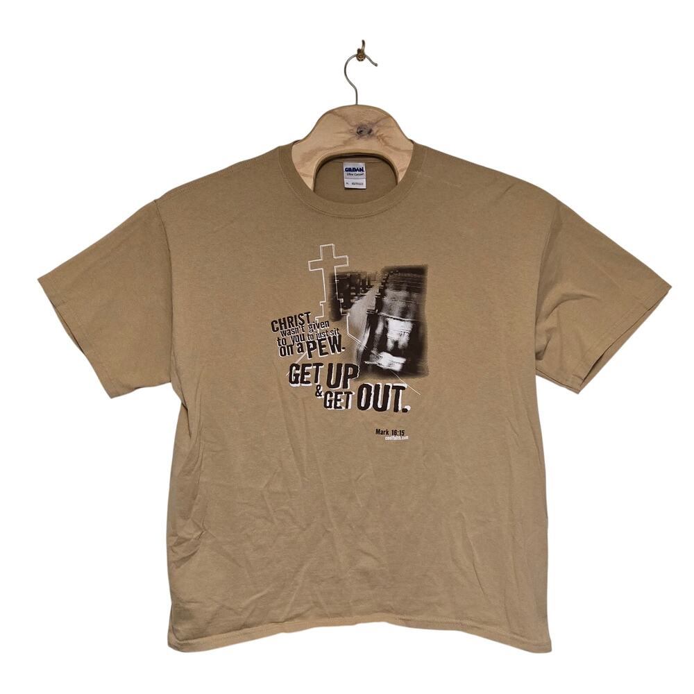 Y2K Jesus T-Shirt Men's XL Tan "Christ Wasn't Given To You Just To Sit On A Pew"
